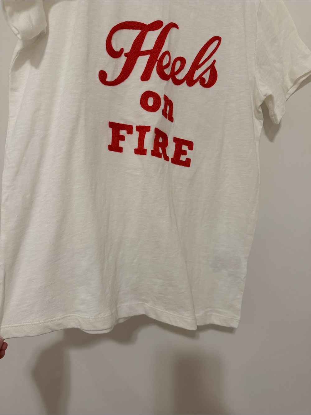 NEW J.Crew White Graphic Tee with Red "Heels On Fire" Text, Size medium.